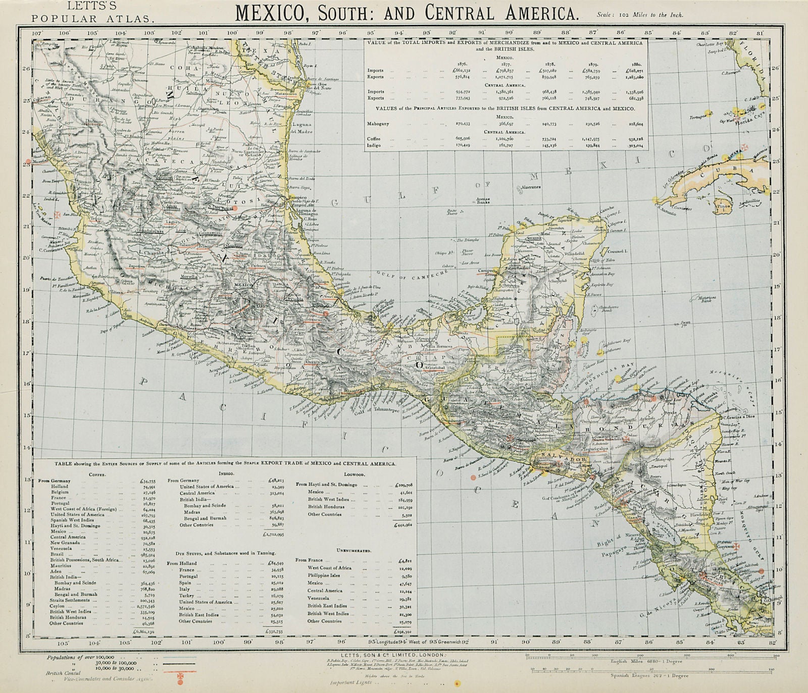 SOUTHERN MEXICO & CENTRAL AMERICA. Lighthouses. Key West Yucatan. LETTS 1884 map
